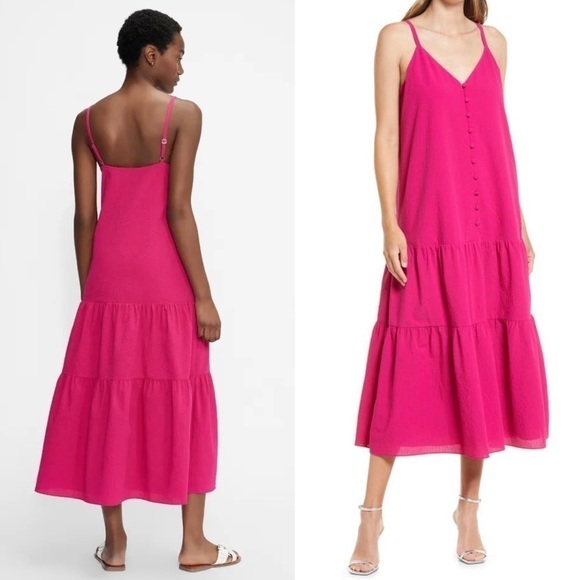 NWT TED BAKER Barbie Pink Sleeveless Button Front Tiered Ruffle Hem Midi Dress 2 - Picture 2 of 12
